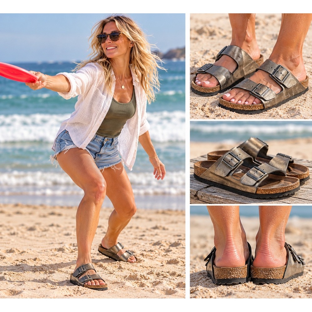Birkenstock Arizona Metallic Slide Sandals Womens Size 8 / 39 Pewter Good
